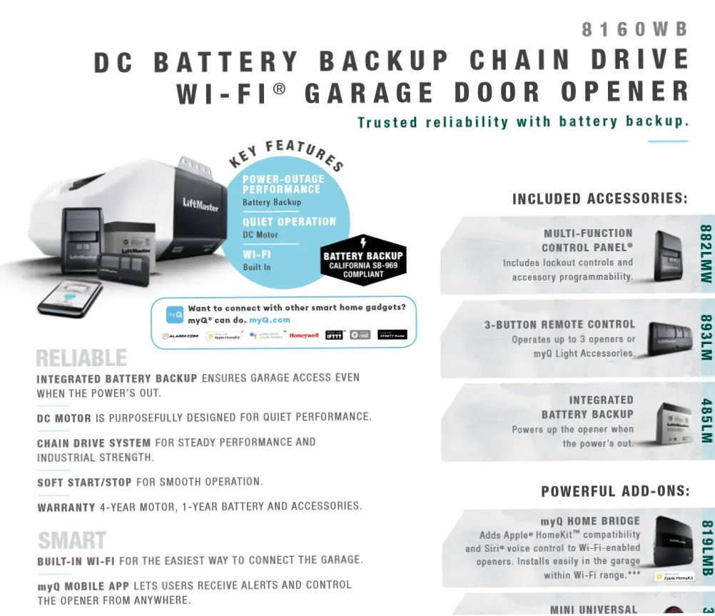 A flyer for the dc battery backup chain drive wi-fi garage door opener.