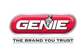 A red and white logo of genie