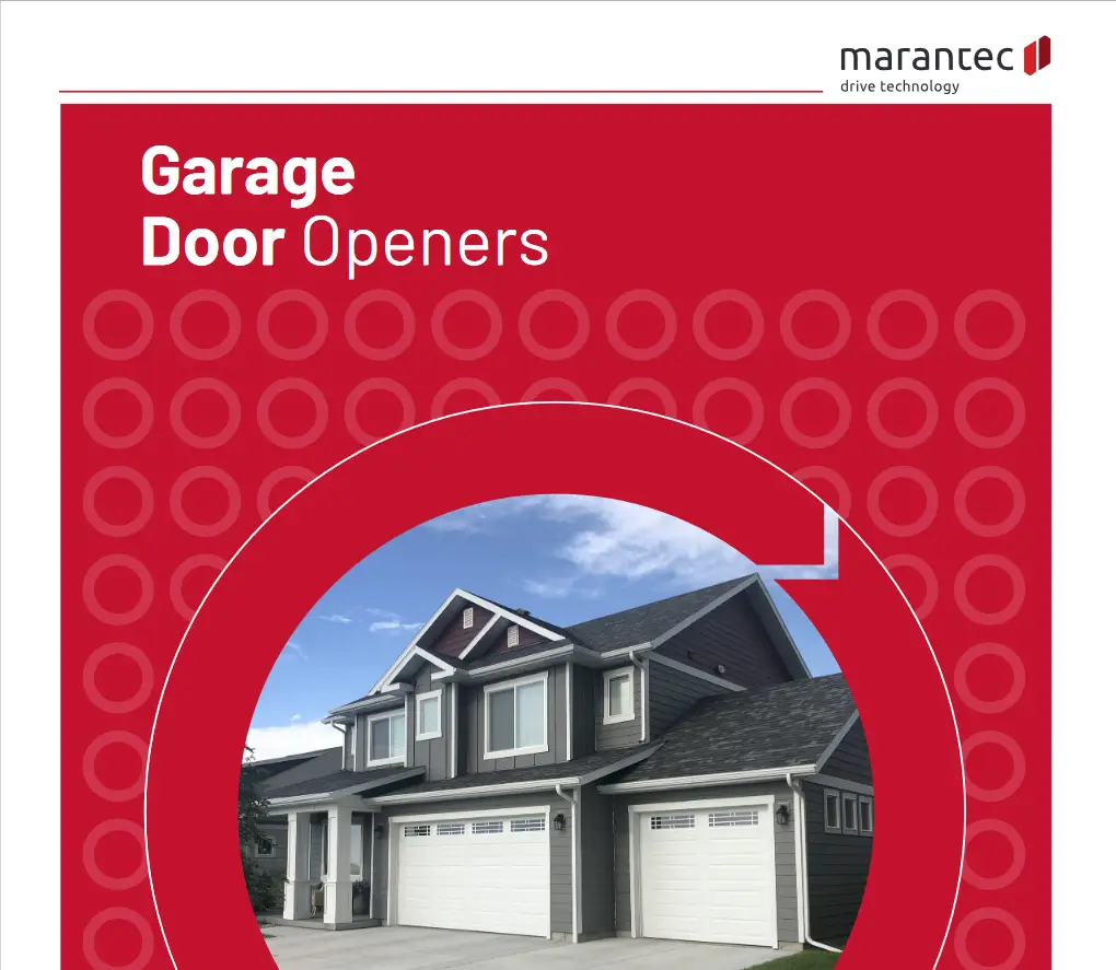 A red and white brochure with a picture of a garage door.